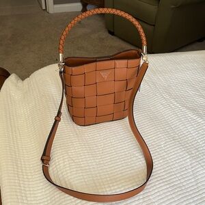 Guess Woven Shoulder Bucket Bag in Tan